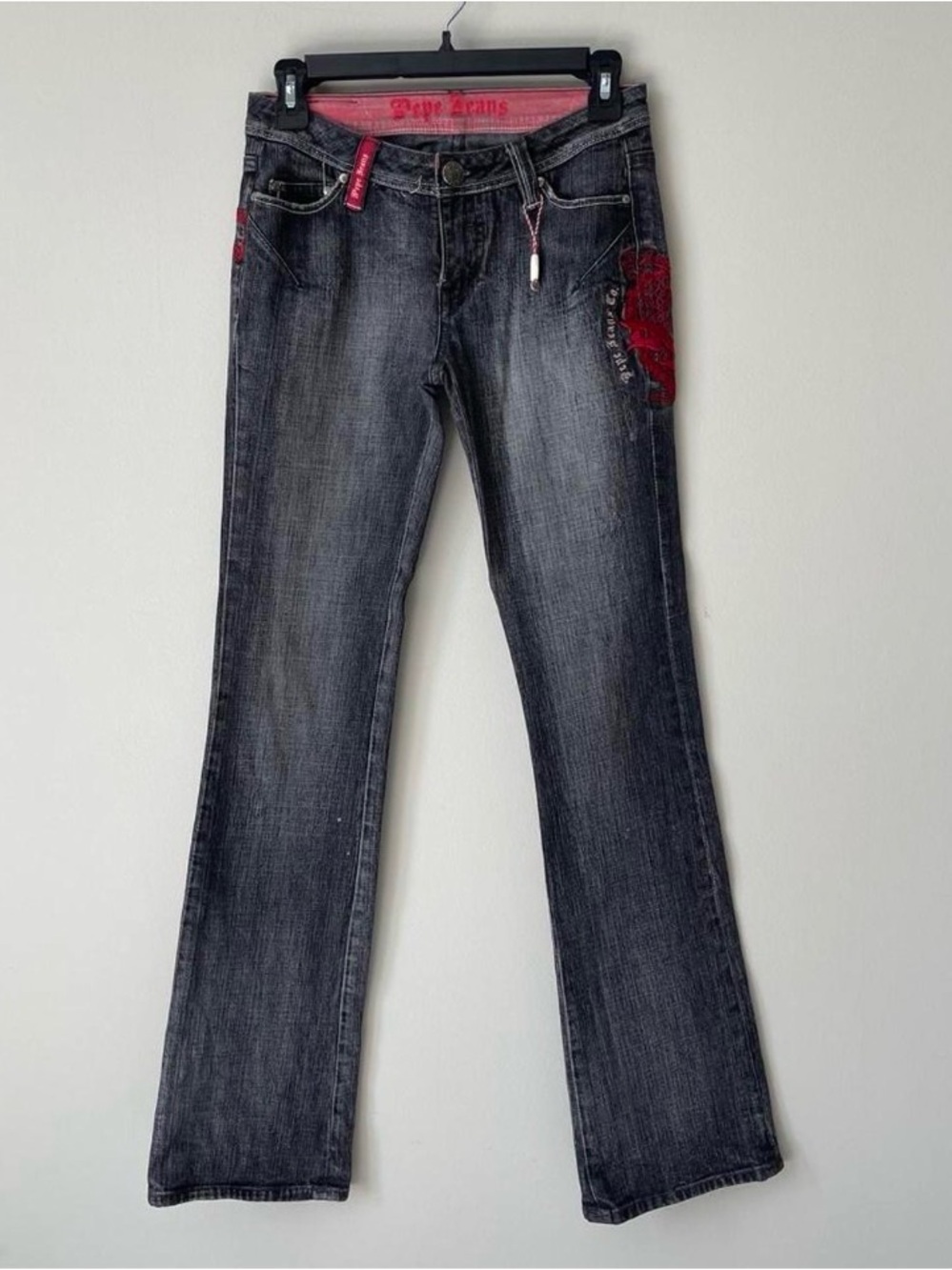 Pepe Jeans Women's Dark Wash Bootcut Jeans with Red Dragon Embroidery Accent EUC